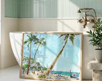 Hawaii watercolor art print, Waikiki beach palm trees, ocean, sunbathing