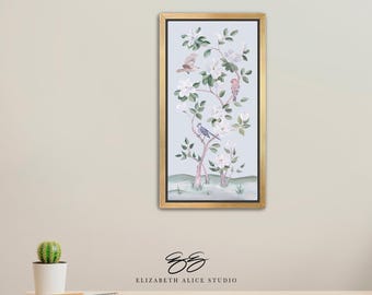 May include: A framed artwork featuring a tree with white flowers and several birds against a light blue background. The frame is gold with a black inner border. The artwork is rectangular and vertical.