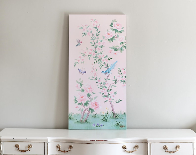 April, A Pink Chinoiserie Canvas Wrap. Sold separately. Baby girl nursery art print image 3