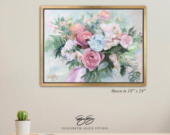 Floral bouquet painting, blush pink, mint, peach. Canvas wrap, available framed. "Verity" No. 354