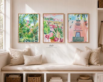 Hawaii watercolor art prints, Royal Hawaiian set C, gallery wall of 3 unframed fine art prints on paper, pink hotel, tropical plants
