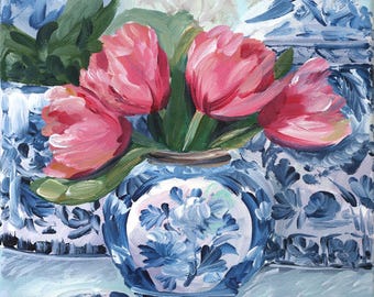 Pink tulips, blue vase,  a fine art print on paper of an original acrylic painting
