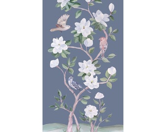 Songbirds And Magnolias, A Dark Blue Chinoiserie Fine Art Print