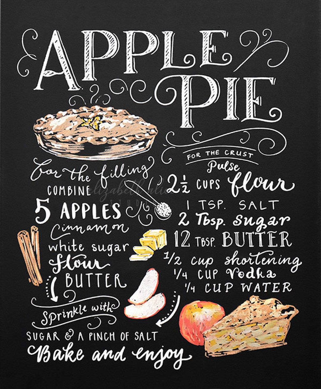 Apple Pie Recipe Printable Chalkboard Style Drawing Instant - Etsy