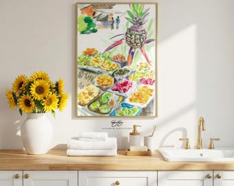 Fruit of Hawaii watercolor art print, pineapple, roadside fruit stand, dragonfruit, mango, O'ahu