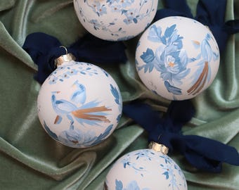 2026 PREORDER Peacock and peony, chinoiserie blue and white, hand-painted ornament