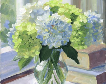 Lime and white hydrangeas, a fine art print on paper of an original acrylic painting