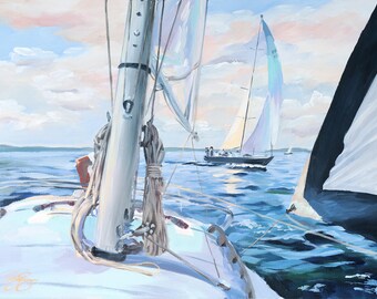 Heeling Breeze、オリジナルのアクリル画を紙に印刷した、帆走する海岸のファインアートプリント