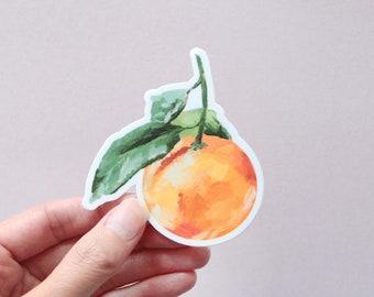 Orange fruit sticker, orange with stem and leaf from "Quiet Riches" painting