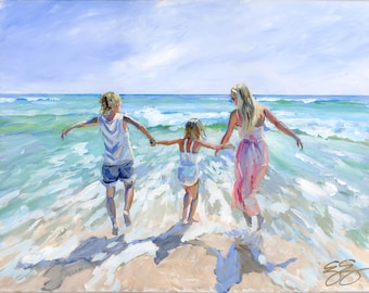 Original beach painting of mother and two children in the ocean, acrylic on 18" x 24" canvas, No. 462