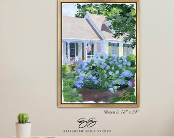 Cape Cod house with blue hydrangea painting, canvas wrap, available framed. No. 417