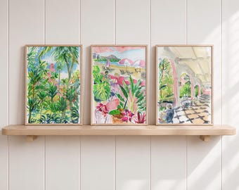 Hawaii watercolor art prints, Royal Hawaiian set D, gallery wall of 3 unframed fine art prints on paper, pink hotel, tropical plants