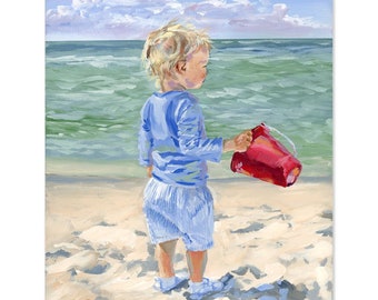 Beach Babies: Red Bucket, A Fine Art Print On Paper, Little Boy On The Beach