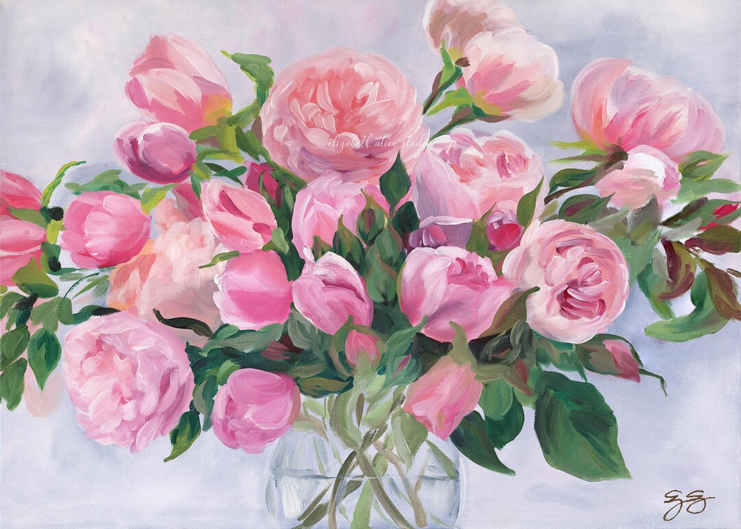 Garden Rose Fine Art Print on Paper, Pink Flower Bouquet Against Gray ...