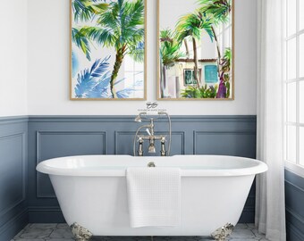 Set of two Hawaiian watercolor fine art prints on paper, palm trees, shadows