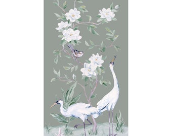 Cranes And Gardenias, A Green Chinoiserie Fine Art Print