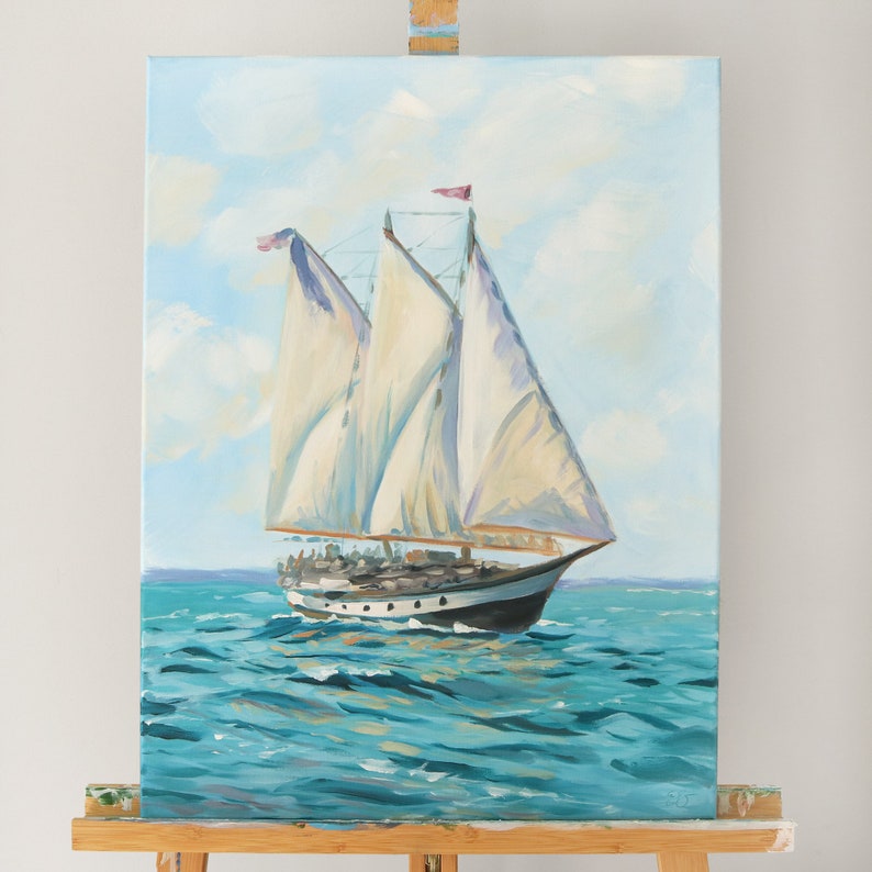 Original sailboat painting, Schooner on the Chesapeake, large coastal art image 1