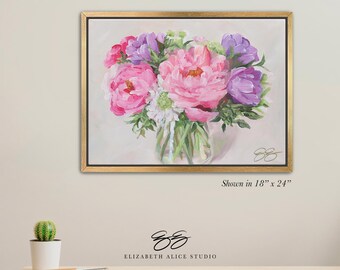 Pink and purple peony bouquet painting canvas wrap, available framed. "Think of Me" No. 289