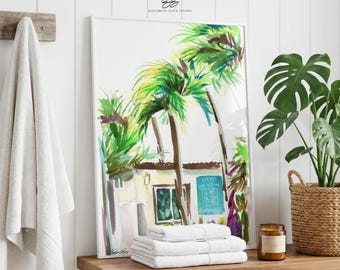 Coffee window, Hawaii watercolor art print, coffee shop with tropical Palm trees