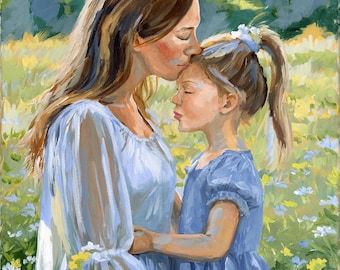 Original painting of mother and daughter in wildflower field, acrylic on 16" x 20" canvas, No. 461