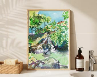 Hawaii watercolor art print, Waterfall painting with palm trees and tropical plants