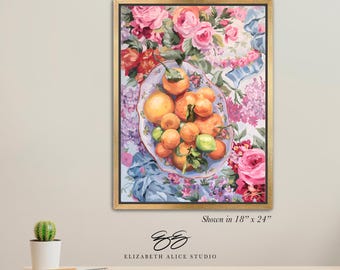 Oranges in bowl on floral tablecloth painting, canvas wrap art, available framed. "Citrus in Chinoiserie" No. 334