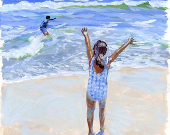 Girl and boy playing at the ocean, a coastal fine art print on paper of an original painting