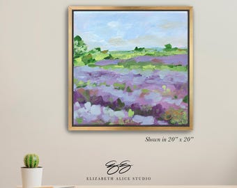 Lavender Fields No. 2, purple landscape art canvas wrap, available framed. No. 154