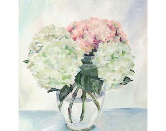 September Sun, A Fine Art Print On Canvas of white and pink hydrangeas in a glass vase