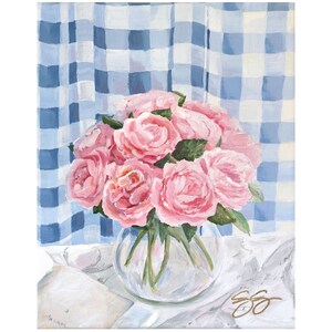 Tea Roses And Gingham, A Fine Art Print On Canvas