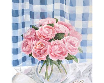 Tea Roses And Gingham, A Fine Art Print On Canvas