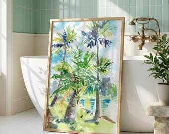 Palm trees and cats, Hawaii watercolor art print, Waikiki Honolulu sunrise landscape