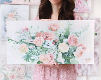 Original floral painting, peach and white rose bouquet, "Perspective" 12 x 14 inches