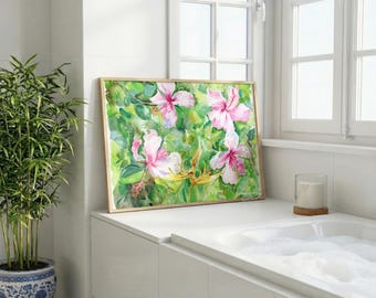 Hawaii watercolor art print, pink hibiscus tropical flower and bird of paradise