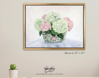 Hydrangeas in chinoiserie bowl painting, art canvas wrap, available framed. "Autumn Evening Falls" No. 171