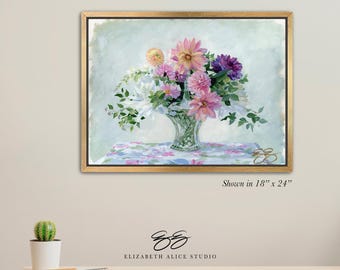Dahlia bouquet in crystal basket painting canvas wrap, available framed (No. 491)