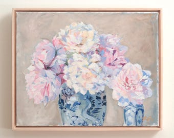 Original painting of pink and white peonies in antique dragon Chinese vase, 16 x 20 acrylic on canvas, No. 395