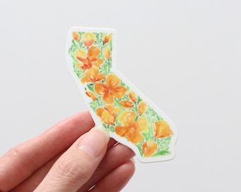 California sticker, CA poppy state flower, watercolor painting