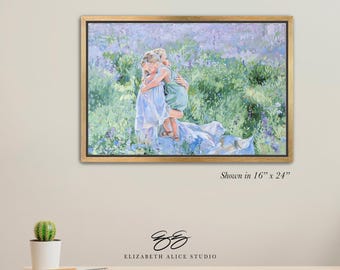 Mother and child painting in purple wildflower field, art canvas wrap, available framed. "Mother's Embrace" No. 446