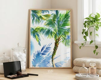 Palm tree with shadow, Hawaii watercolor art print, tropical art