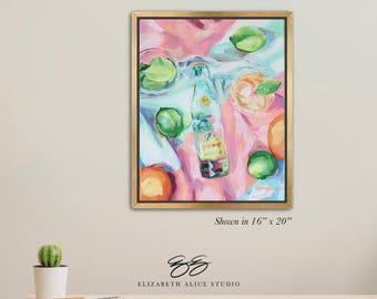 Kitchen art, picnic painting with Topo Chico lime and orange cocktails, canvas wrap, available framed. "Tangy and Sweet" No. 270