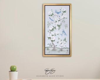 Bluebirds And Peonies, A Light Blue Chinoiserie Canvas Wrap. Build a set of two or three, available framed