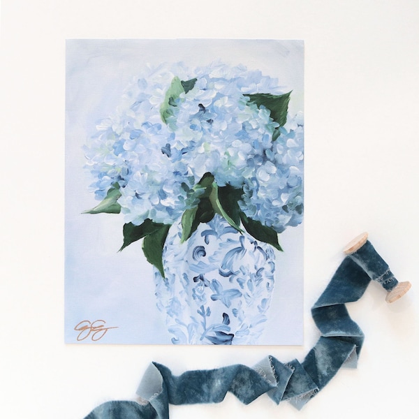 Quiet Grace, A Fine Art Print On Canvas of blue hydrangeas