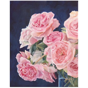 Pink Roses On Navy Blue, A Fine Art Print On Canvas