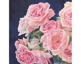 Pink Roses On Navy Blue, A Fine Art Print On Canvas