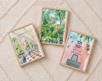 Hawaii watercolor art prints, Royal Hawaiian set B, gallery wall of 3 unframed fine art prints on paper, pink hotel, tropical plants