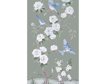 Può includere: Un dipinto di un albero con fiori bianchi e uccelli blu appollaiati sui rami. Lo sfondo è di un colore verde tenue.