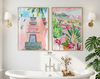 Royal Hawaiian set of two fine art prints on paper, Hawaii watercolor sketchbook paintings, pink hotel, palm trees, tropical flowers, beach