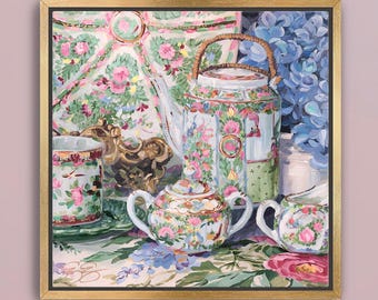 Rose Canton Tea Set painting, chinoiserie art canvas wrap, available framed. No. 334