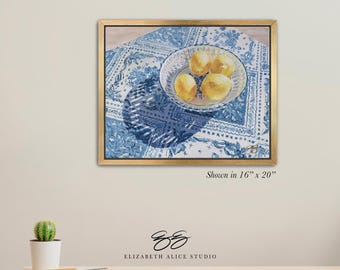 Lemons in blue and white bowl with sunlight and shadow, canvas wrap print of painting "Patterned Shadow" No. 199